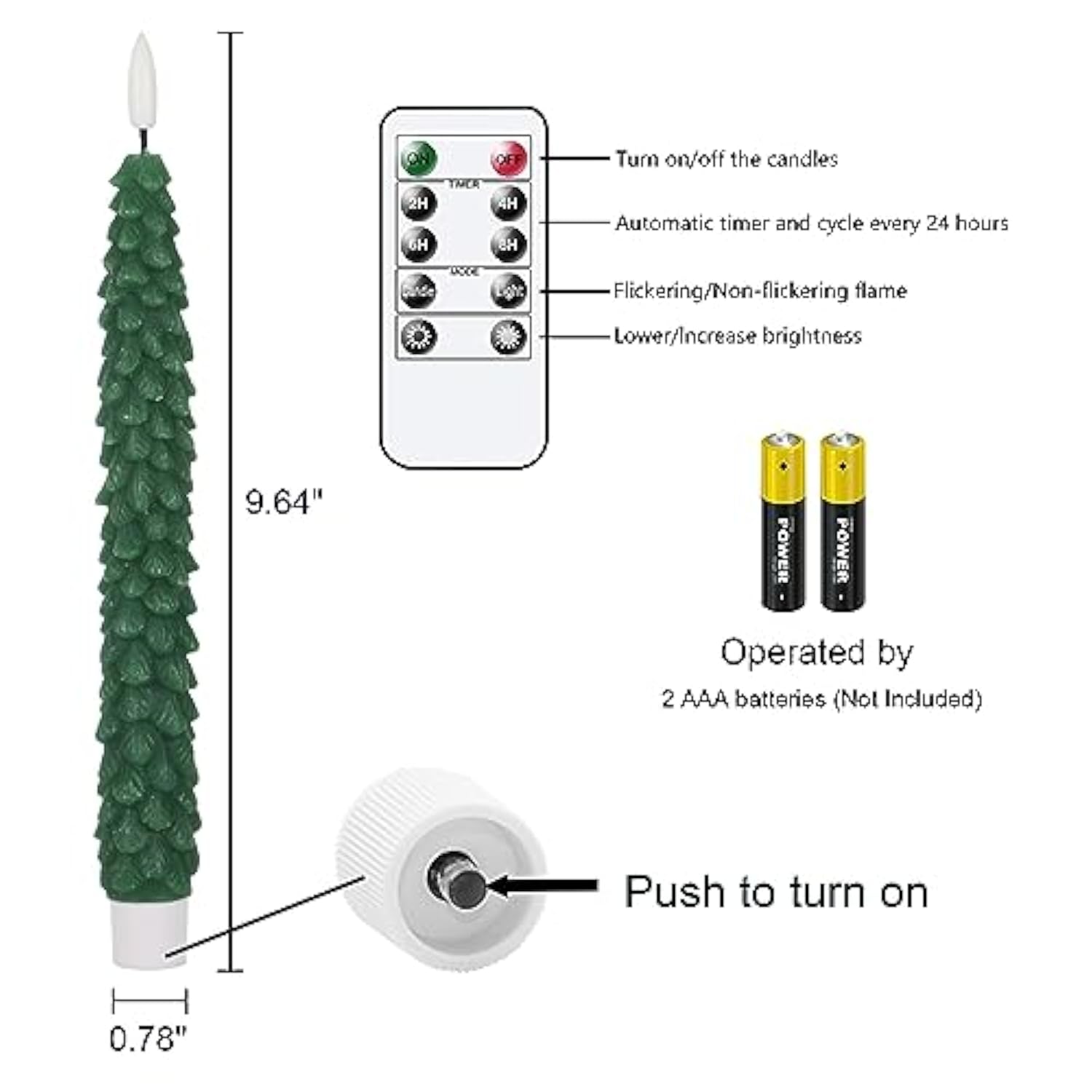 Christmas Tree Flameless Taper Candles Flickering With Remote Timer, Real Wax Led Battery Operated Candles Warm 3D Wick Christmas Home Wedding Decor(Green, 0.78 X 9.64 Inch)