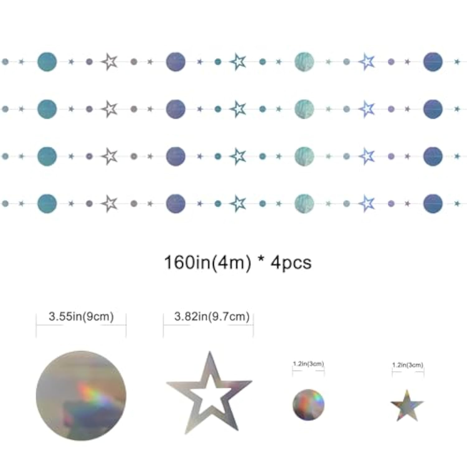 Iridescent Birthday Party Decorations Holographic Sliver Twinkle Star Circle Dot Garland Kit Hanging Bunting Streamers 4 Pack Backdrop Decor Supplies Wedding Baby Shower Christmas Ramadan Eid
