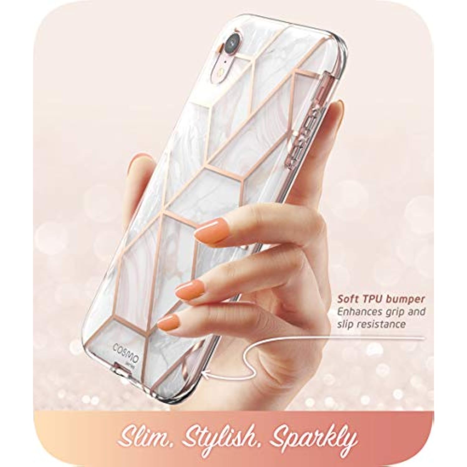 i-Blason Cosmo Full-Body Bumper Case with Built-in Screen Protector for iPhone XR 2018 Release, Pink Marble, 6.1"