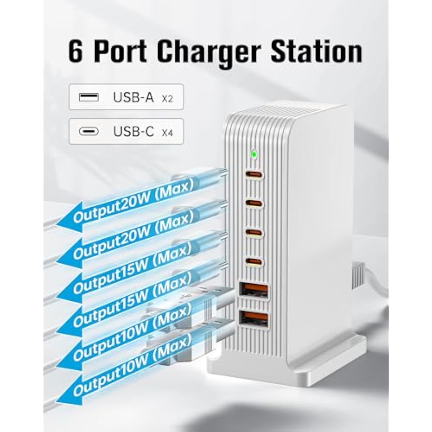 Usb C Charger -Usb Charging Station, Multiport Usb Charging Station, 6 Port Usb Hub Charger Tower For Iphone 15/14/13/12, Ipad, Samsung Galaxy, Google Pixel,Htc, And Multiple Devices (White)