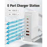 Usb C Charger -Usb Charging Station, Multiport Usb Charging Station, 6 Port Usb Hub Charger Tower For Iphone 15/14/13/12, Ipad, Samsung Galaxy, Google Pixel,Htc, And Multiple Devices (White)