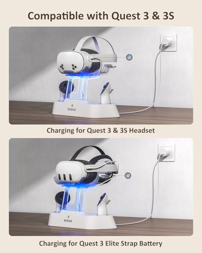 Enhanced Charging Dock for Meta Quest 3 and 3S, with LED Light [On/Off], [Support Elite Strap with Battery], Headset Display Holder and Controller