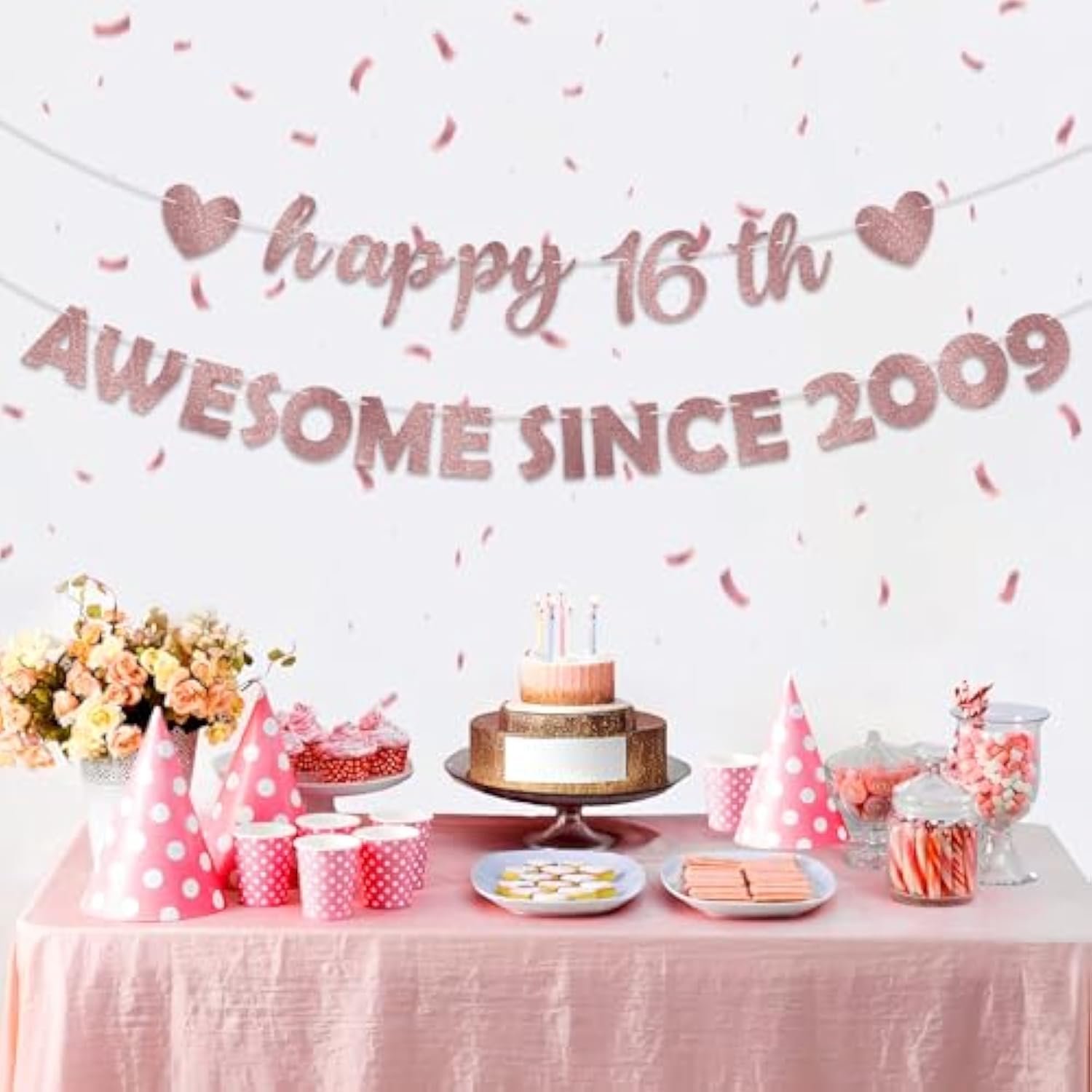 Pink Rose Gold 16th Party Decorations "Awesome Since 2009" Banner & Photo Props