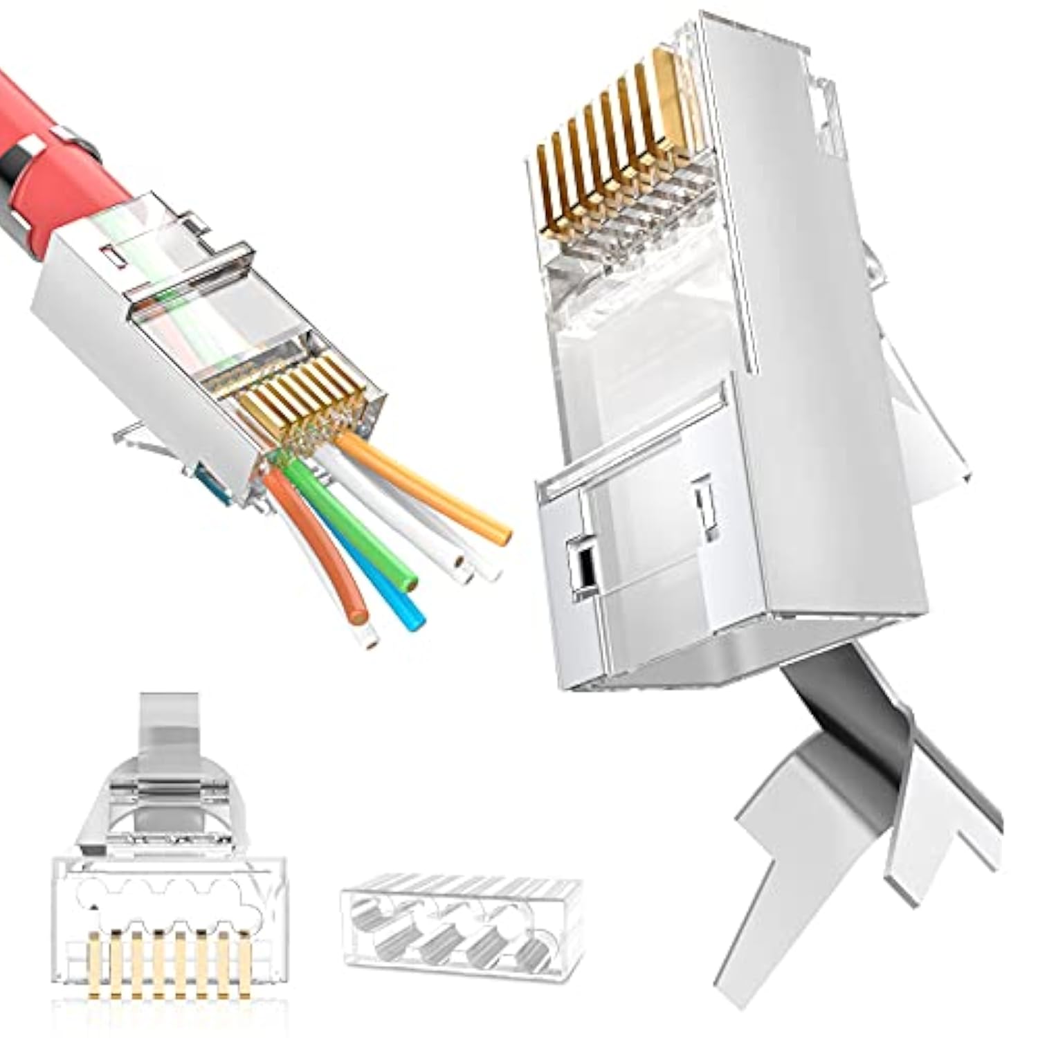 Shielded Rj45 Cat6A Cat7 Pass Through Connectors - 3 Prong 8P8C 50U Gold Plate