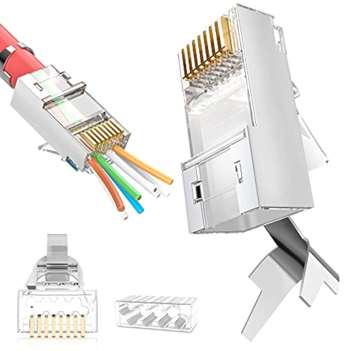 Shielded Rj45 Cat6A Cat7 Pass Through Connectors - 3 Prong 8P8C 50U Gold Plate