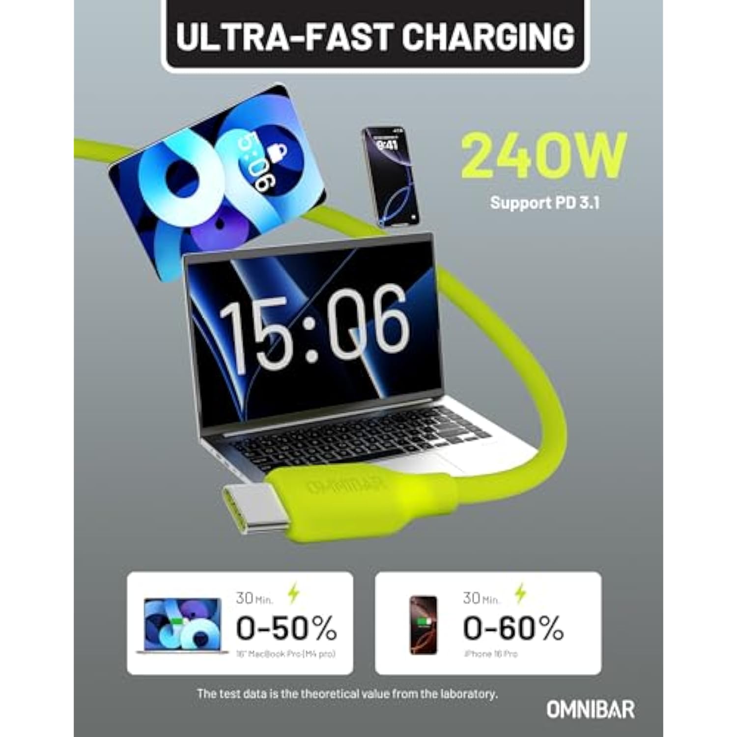 Usb C To Usb C Cable (6Ft, Silicone), 240W Usb C Cable Fast Charging For Macbook Hp Ipad Switch, Type C Charger Fast Charging Iphone Charger Cord For Samsung S25 S24 Iphone 16 15, Lime Green