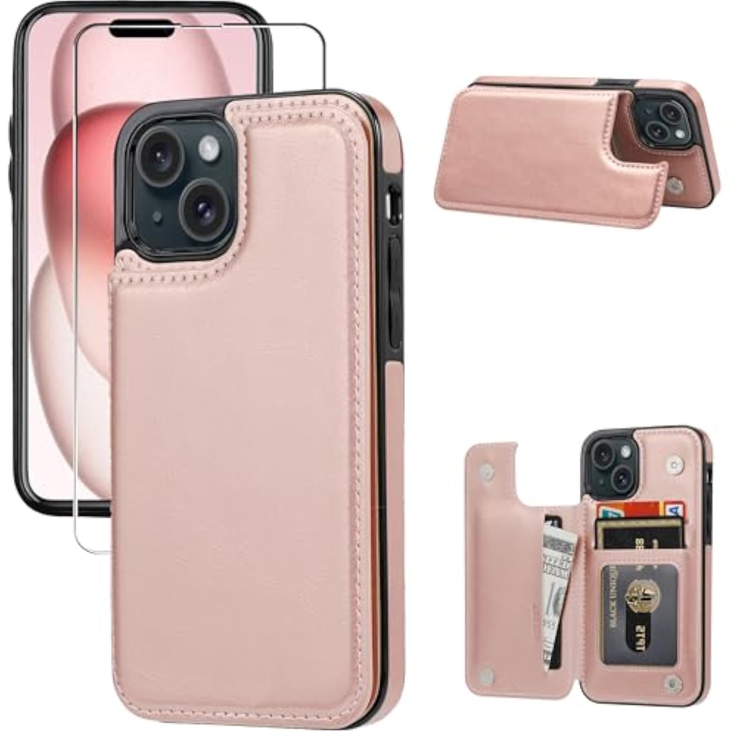 Wallet Case Compatible With Iphone 15,Slim Protective Case With Card Holder,Premium Pu Leather Kickstand Card Slots Case With 1 Screen Protective Glass For Iphone 15 (6.1")-Rose Gold