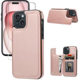 Wallet Case Compatible With Iphone 15,Slim Protective Case With Card Holder,Premium Pu Leather Kickstand Card Slots Case With 1 Screen Protective Glass For Iphone 15 (6.1")-Rose Gold