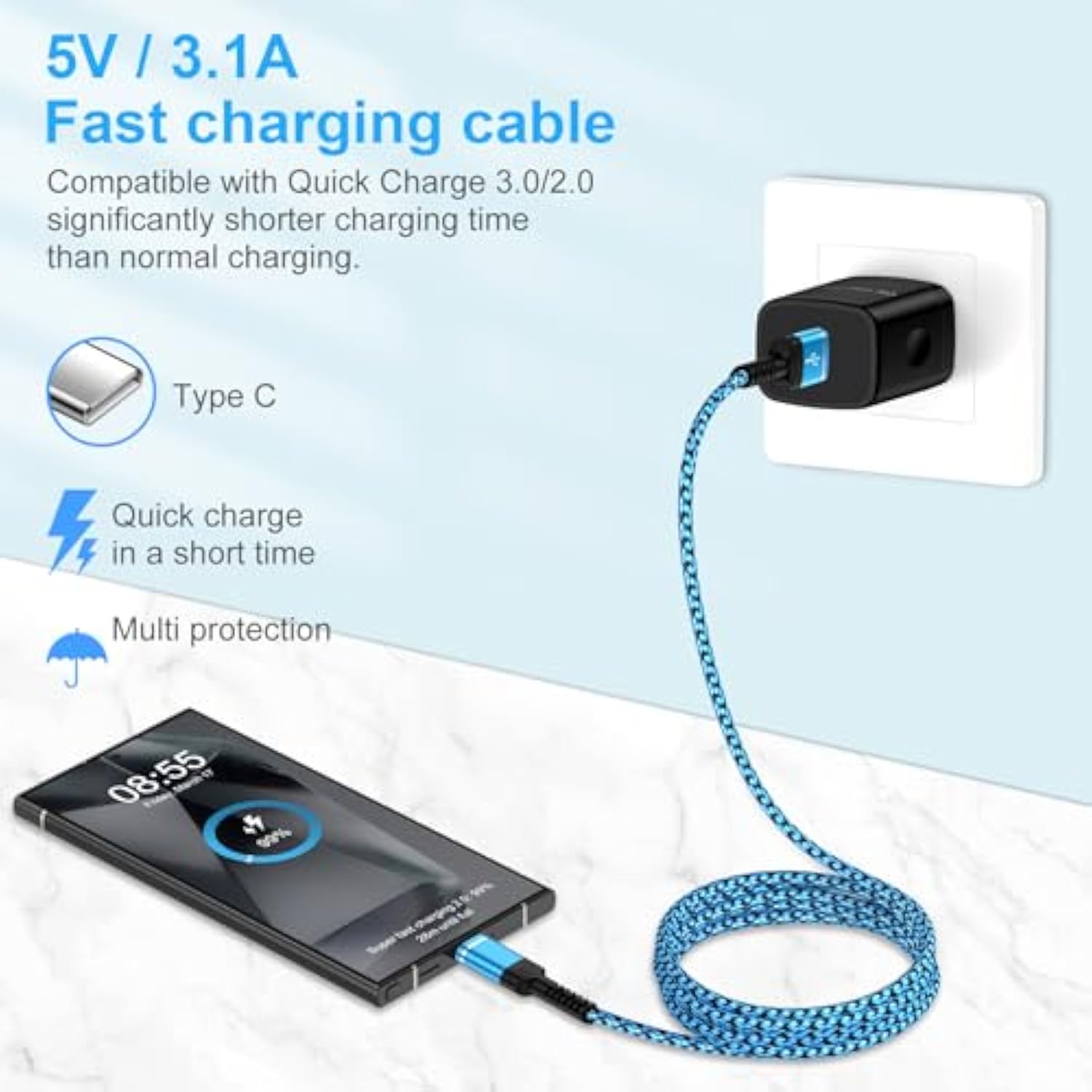 Usb C Charger Cable Samsung Fast Charging Cord 6Ft 3 Pack For Samsung Galaxy Z Fold 7 6 Flip 7 Fe 6 5 S25 A16 A15 5G A35 A55 S24 S23 A25 A14 A54 S22 S21, 3.1A Type A To Usbc Android Phone Power Cord