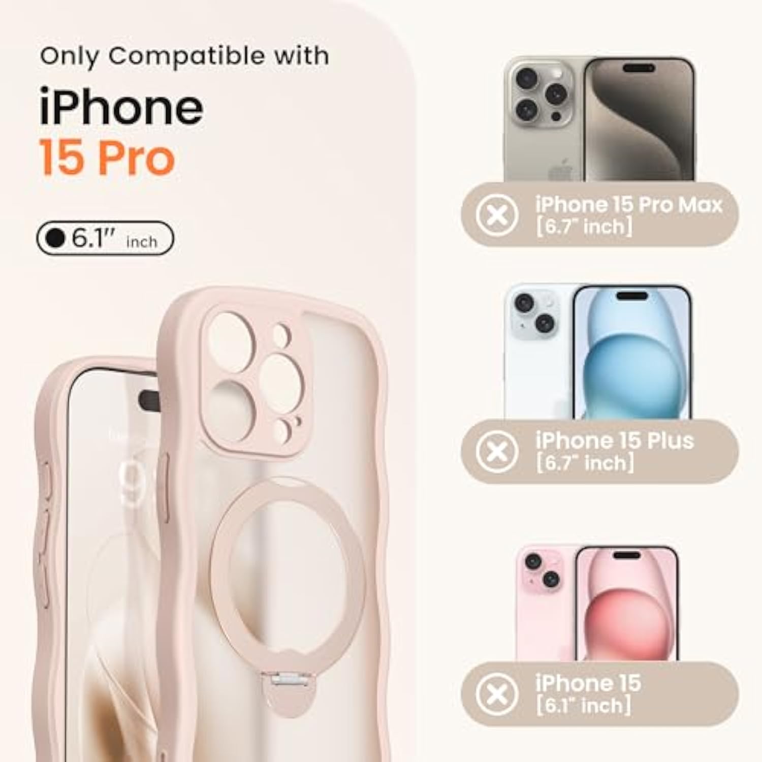 For Iphone 15 Pro Case With 360° Spin Magnetic Stand For Women, [Compatible With Magsafe] [Full Camera Protection] Cute Wave Translucent Matte Case For Iphone 15 Pro, Rose Gold