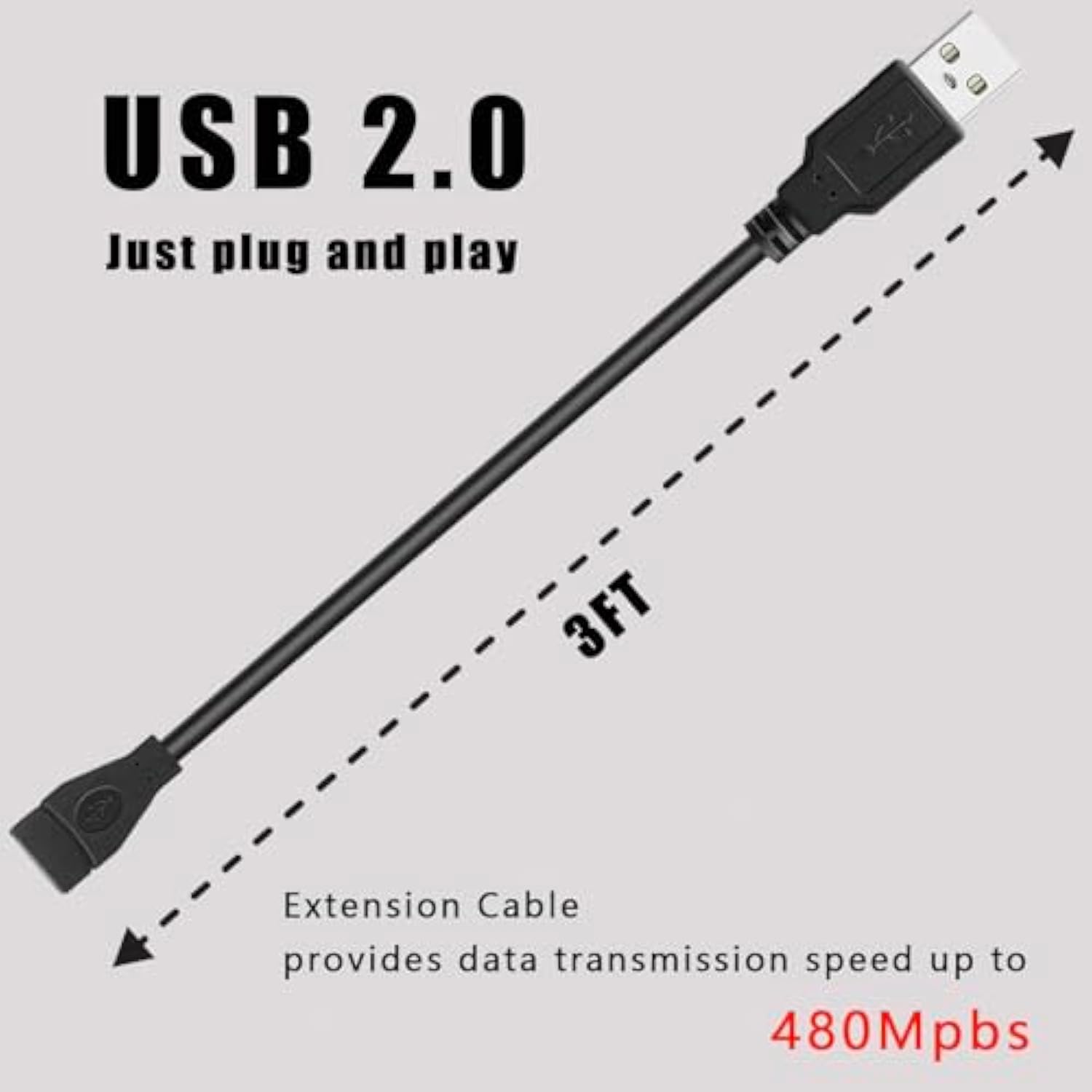 Usb Extension Cable 3Ft 5 Pack Bulk, Usb A 2.0 Male To Female Extension Cord For Printer, Mouse, Keyboard, 480Mbps Transfer Speed, Black