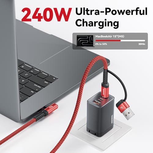 240W USB C to USB C Cable 10FT [2-Pack], 2-in-1 Right Angle PD 3.1 Fast Charging Cord, USB-A & C Dual-Input for iPhone 17/16/15 Pro, MacBook Pro,