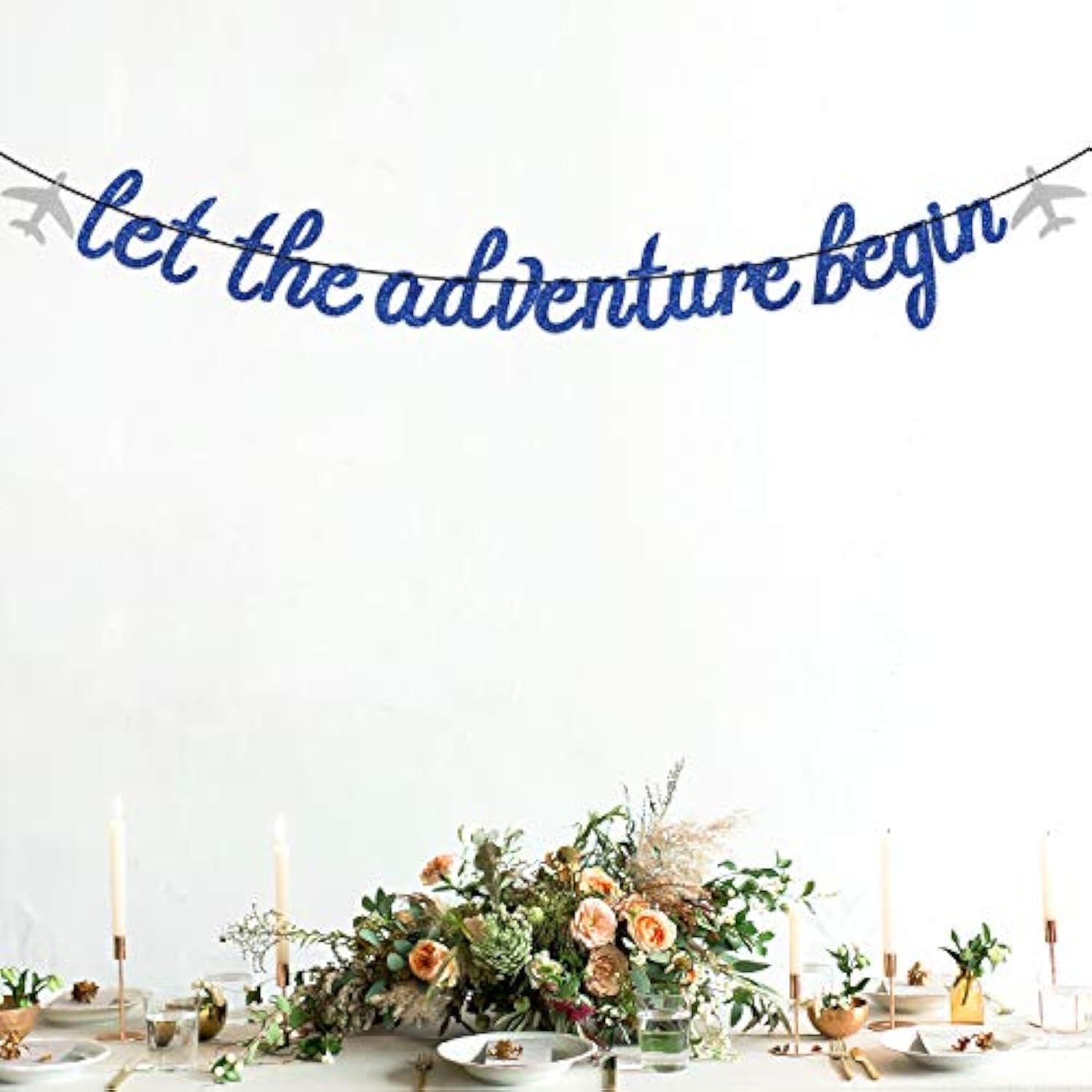 Let The Adventure Begin Banner - Congrats Grad Bunting Sign - Graduation/Retirement/Bon Voyage/Baby Shower/Moving Party/Travel Theme Party Decorations, Blue Glitter