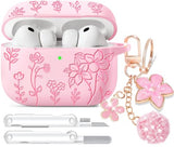 for AirPods Pro 3 Case Pink, Flower Engraved Case with Cleaner Kit & Keychain for  AirPods Pro 3rd Generation 2025, Soft Silicone iPod 3 Cover