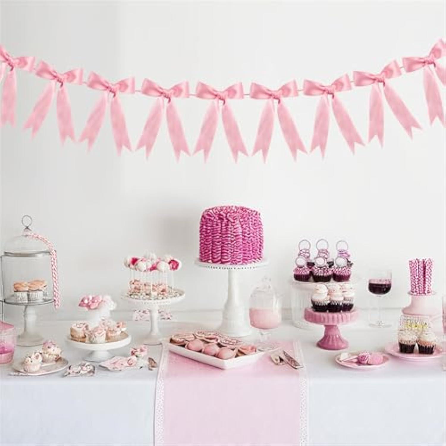 Pink Bow Garland Ribbon Banner Coquette Birthday Girls Baby Shower Party Decor