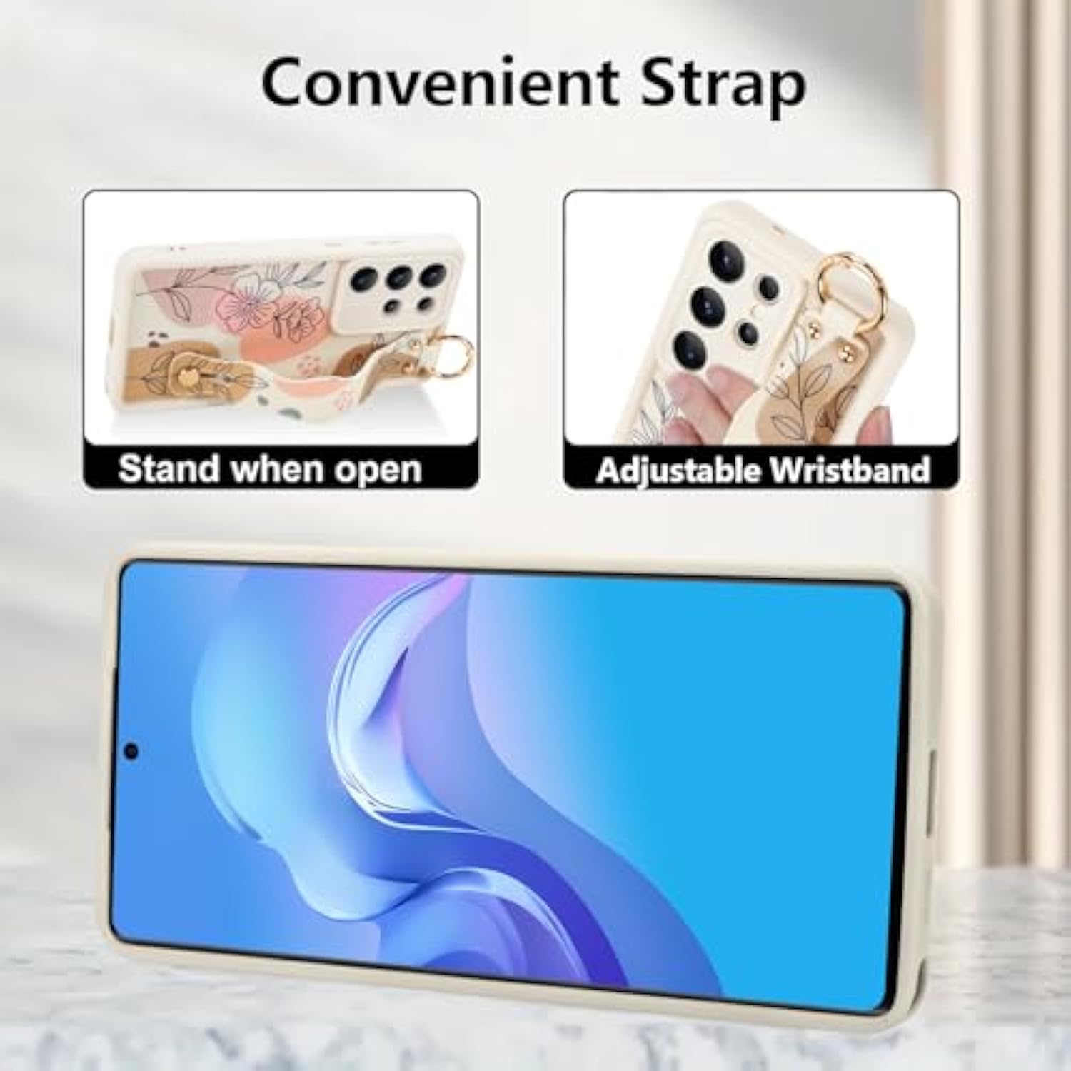 Silicone Case For Samsung Galaxy S25 Ultra With Strap, Cute Flower Floral Phone Case For Girl Women, Adjustable Finger Strap Shockproof Protective Cover, Beige Flowers