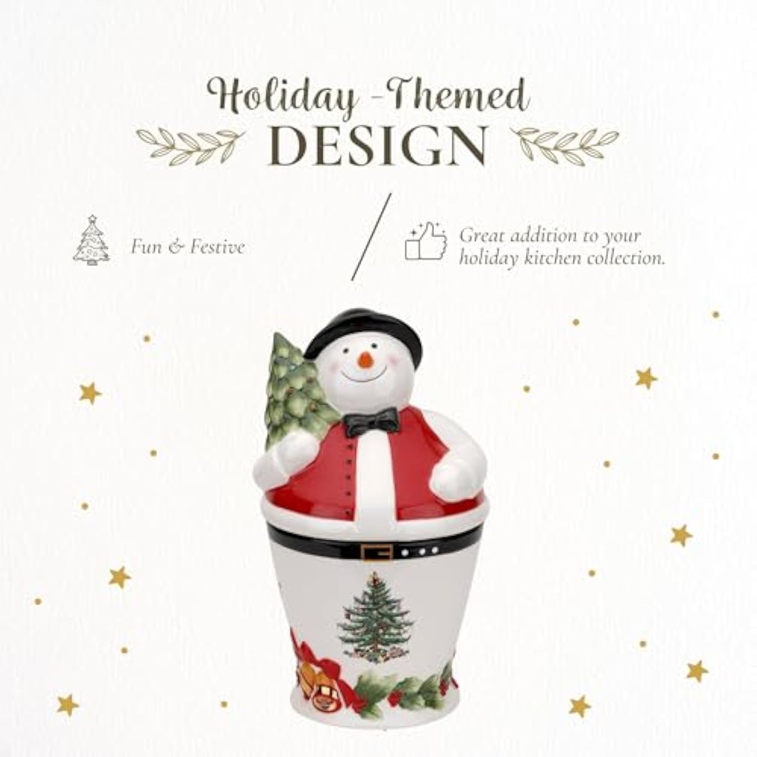 Christmas Tree Mr. Snowman Cookie Jar - 10" Dolomite Christmas Cookie Jar With Lid - Winter-Themed Candy Jar For Kitchen Counter, Holiday Cookie Container, Festive Kitchen Decor, Seasonal Gift