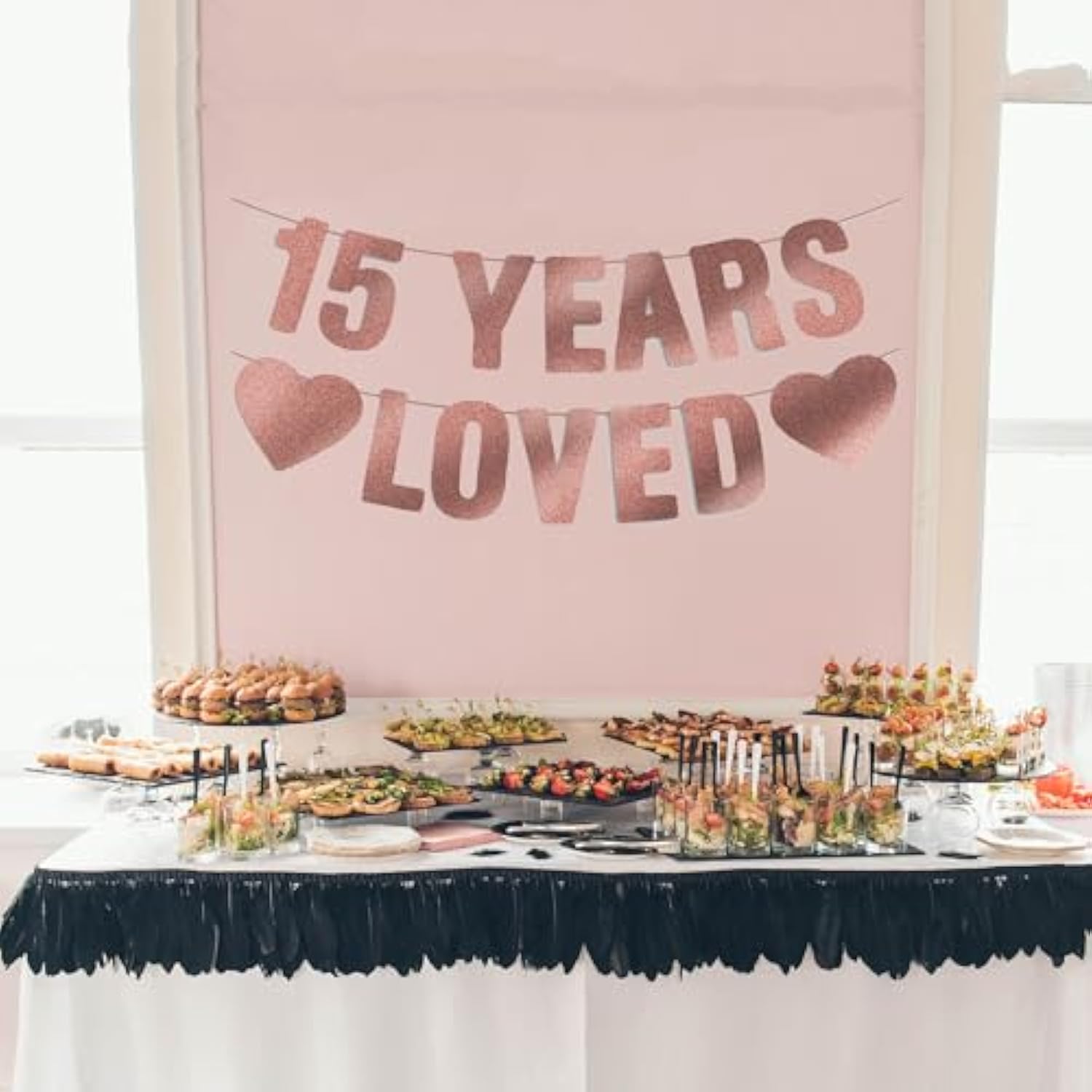 15Th Birthday Party Decorations For Girls, Pre-Strung 15 Years Loved Banner - Rose Gold Glitter, Quinceañera Decor, Happy 15 Year Old Birthday Sign Gifts For Her