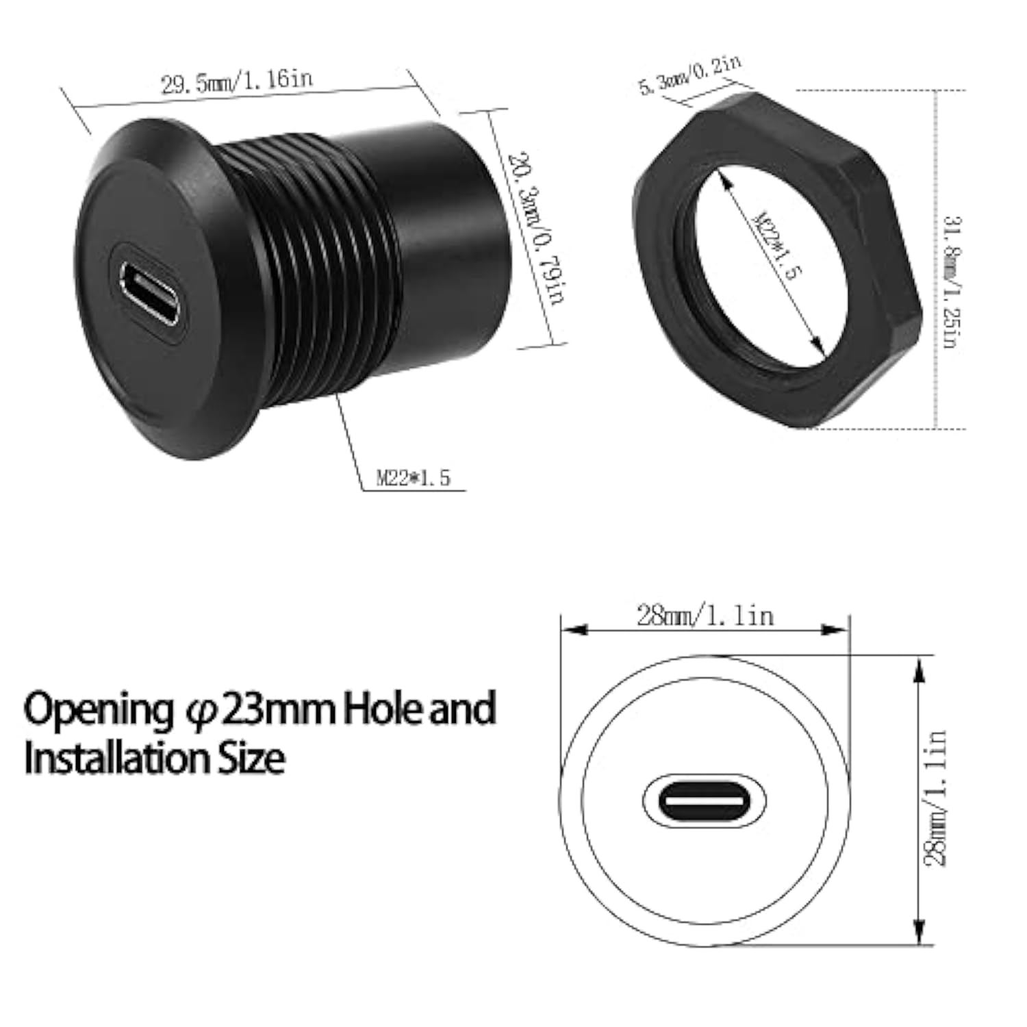Usb C Panel Threaded Fixed Mount Coupler Converter Adapter Usb 3.1 Type C Fema