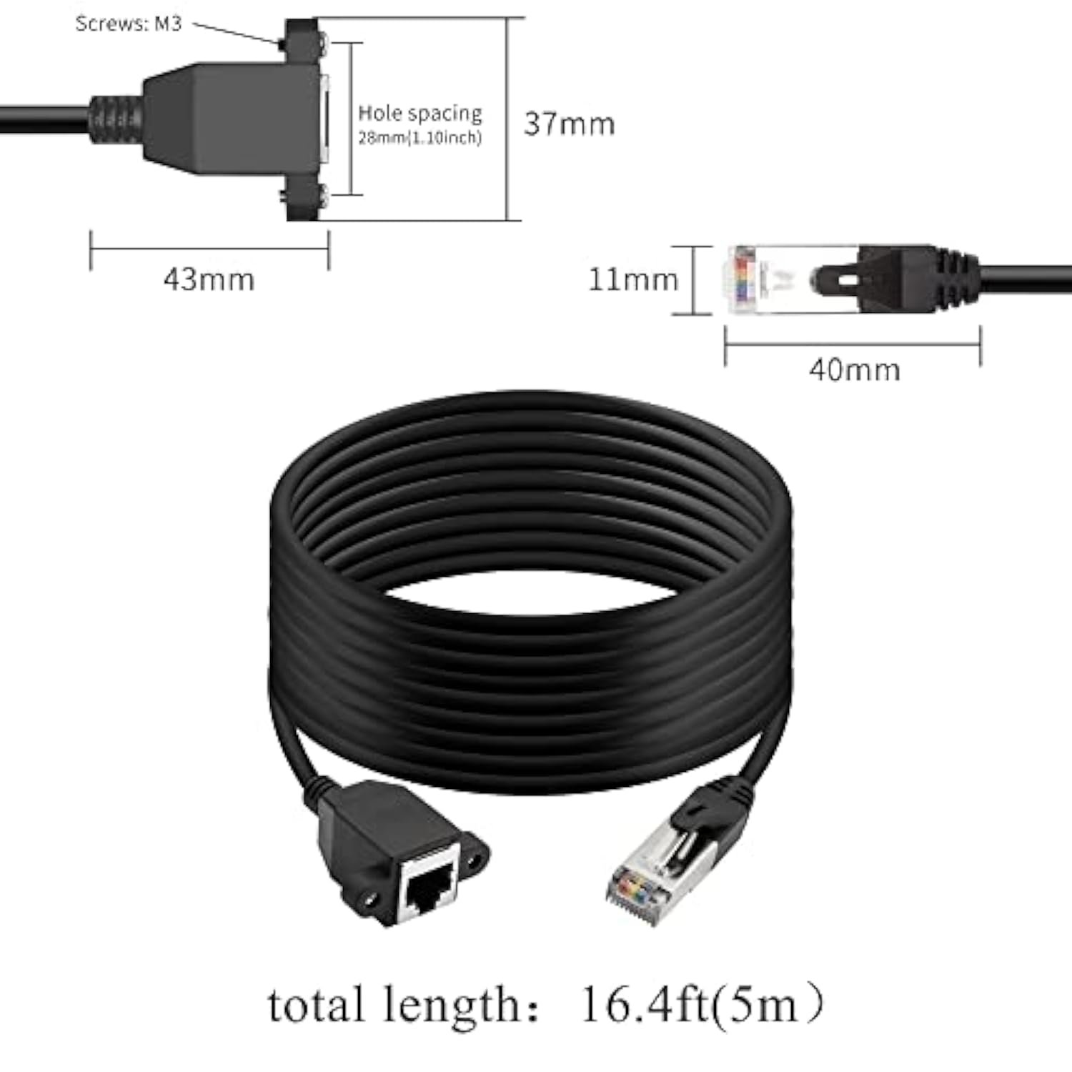 Rj50 10P10C Male To Female Extension Cable Panel Screw Mount Shielded Cat 5E 2