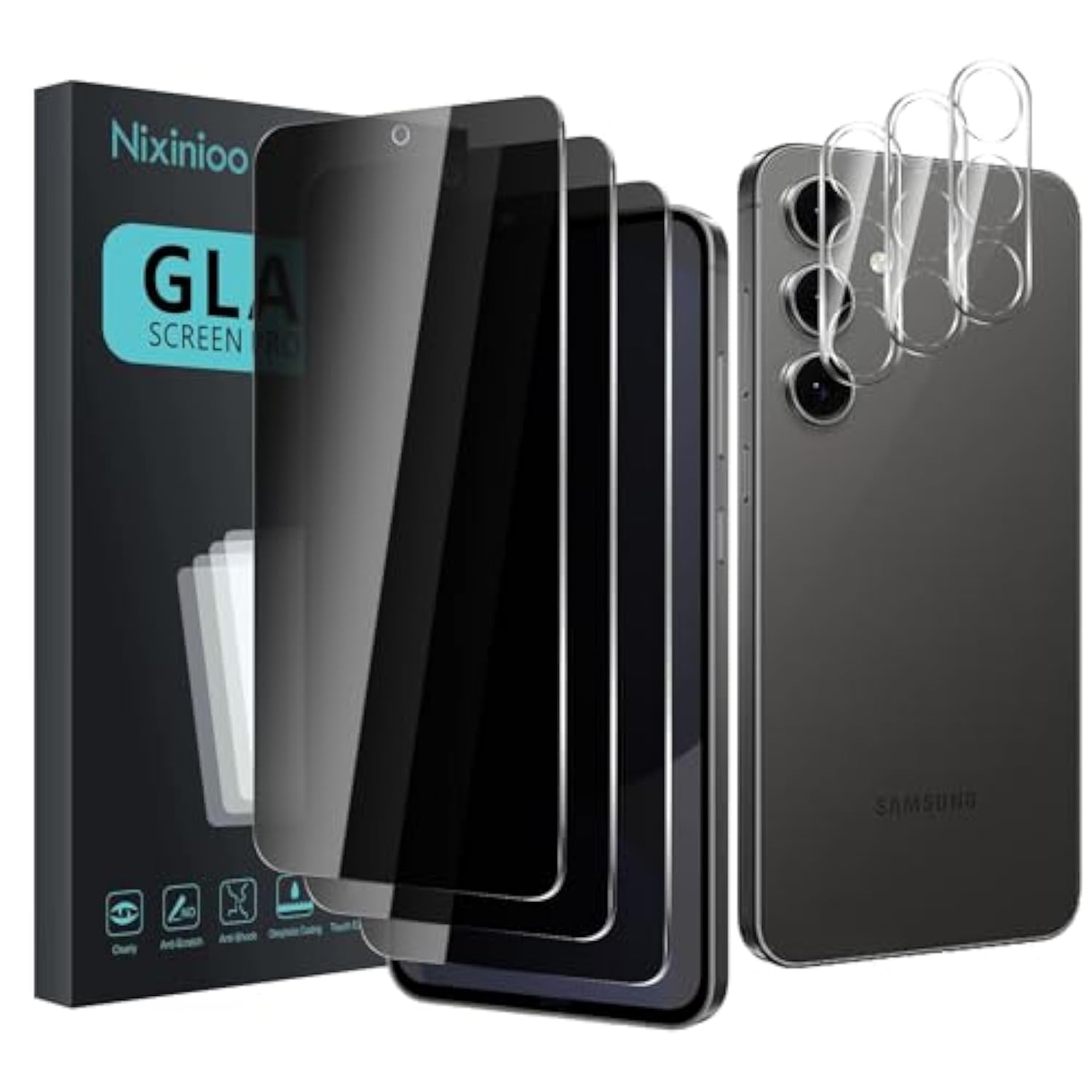 3 Pack Privacy Screen Protector For Samsung Galaxy S24 Fe With 3 Pack Camera Lens Protector, Anti Spy Tempered Glass Film, 9H Hardness, Black Protector, Anti-Scratch, Bubble Free