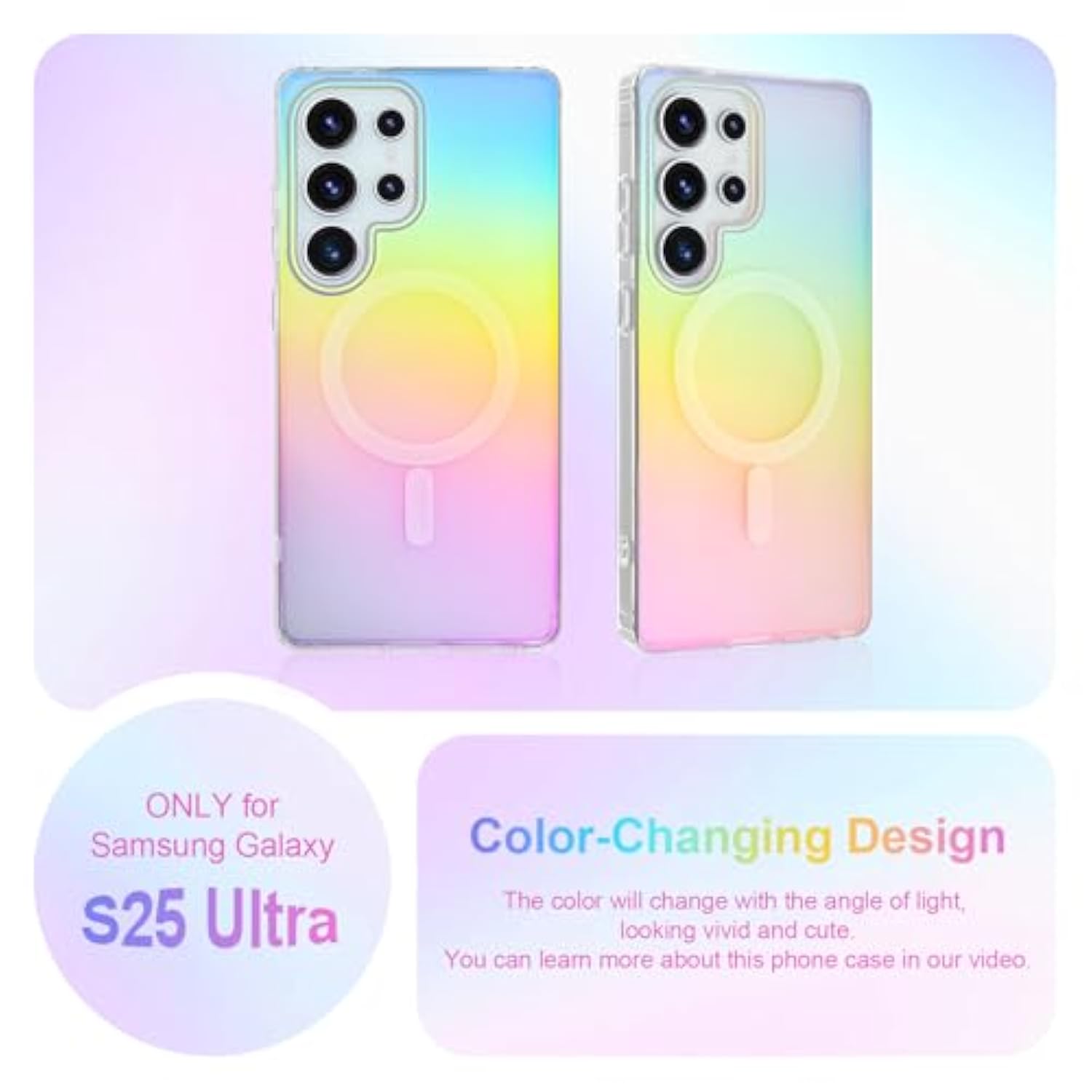 Cute Case For Samsung Galaxy S25 Ultra Case For Women Girls [Compatible With Magsafe] Glitter Sparkly Girly Aesthetic Rainbow Magnetic Protective Cover, Translucent Iridescent Blue & Pink