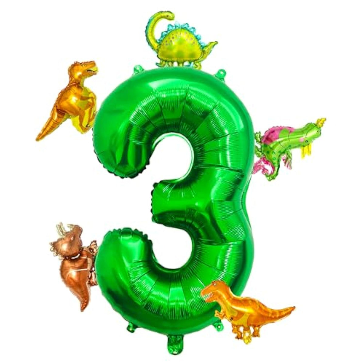 Large Dinosaur Balloon Number 3, 40 Inch Dark Green Foil Balloon And 5 Mini Dinosaurs Balloons For 3Rd Dino Birthday Decorations And Dino Party Supplies Boys And Girls