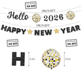 Glitter Hello 2026 Happy New Year Banner Pre-Strung Black for Party Decor