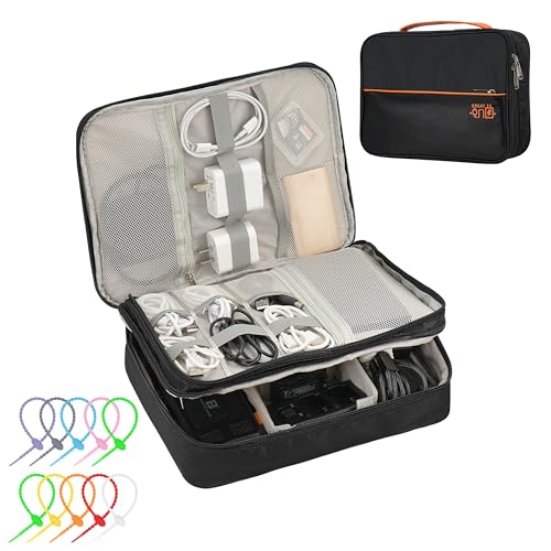 Electronics Accessories Organizer Bag, Waterproof Double Layertravel Cable Organizer Case For Cords, Charger, Power Bank,Hard Drive, Mouse -Shockproof Tech Storage Pouch (Classic-Two Layers-Black)