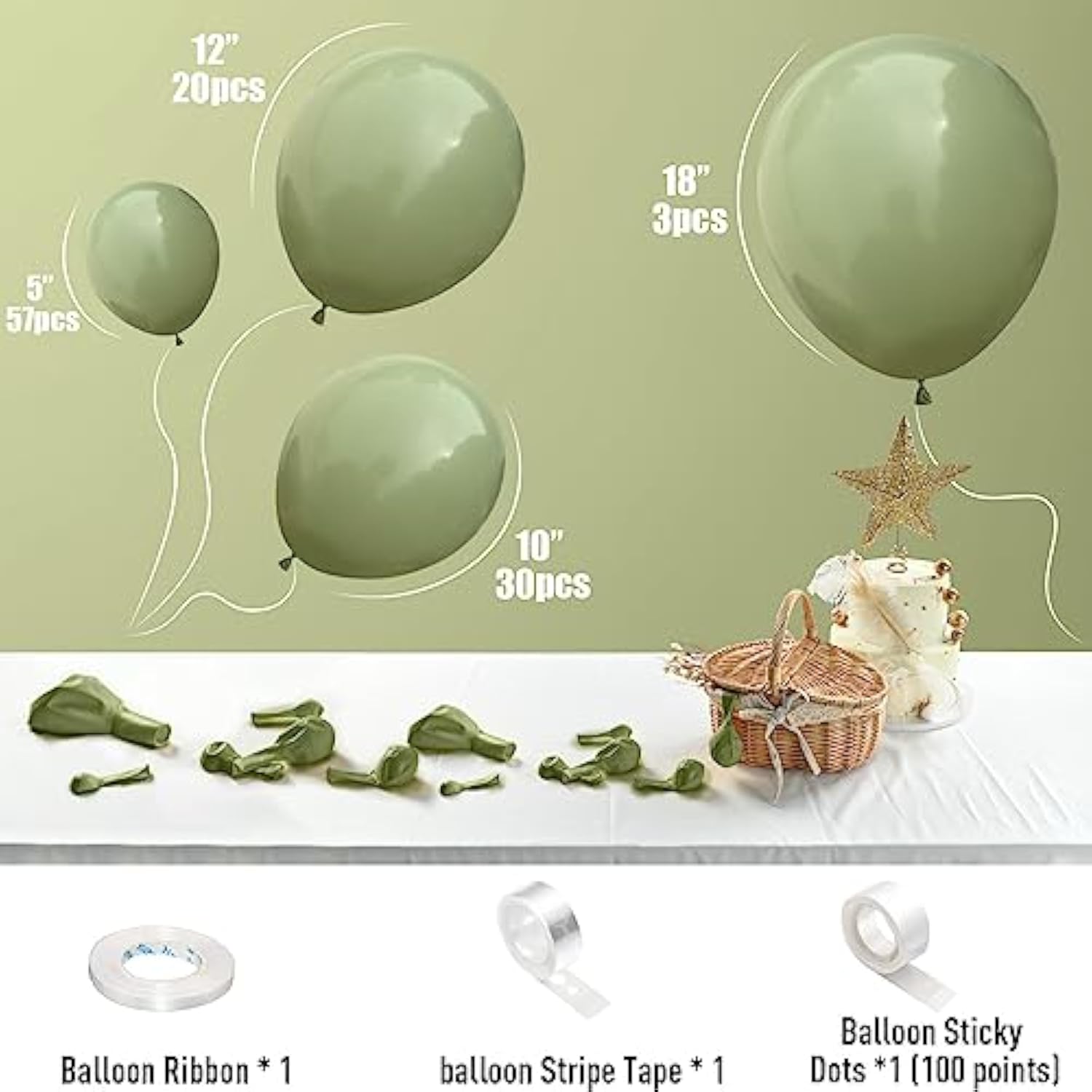 Sage Green Balloons, 113Pcs Retro Olive Green Balloon Garland Arch Kit 5/10/12/18 Inch, Different Sizes Eucalyptus Avocado Green Latex Helium Party Balloons Set For Jungle Safari Birthday Decorations