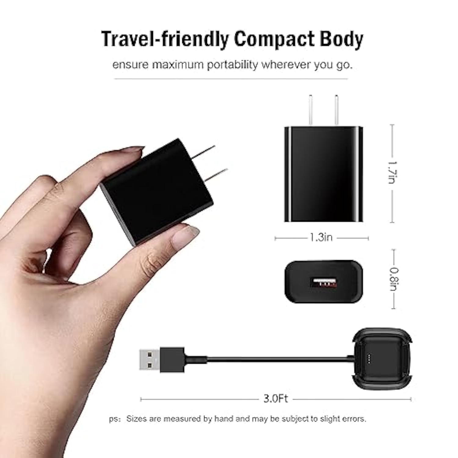 Fast Wall Charger for Fitbit Versa 2, USB Cable, 5V/5A, Black, Travel