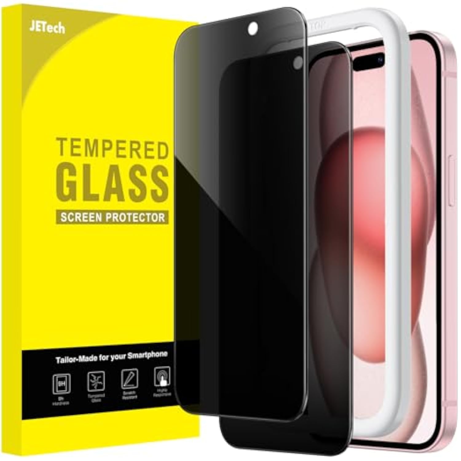 JETech Privacy Screen Protector for iPhone 15 6.1-Inch, Anti-Spy Tempered Glass Film with Easy Installation Tool, 2-Pack