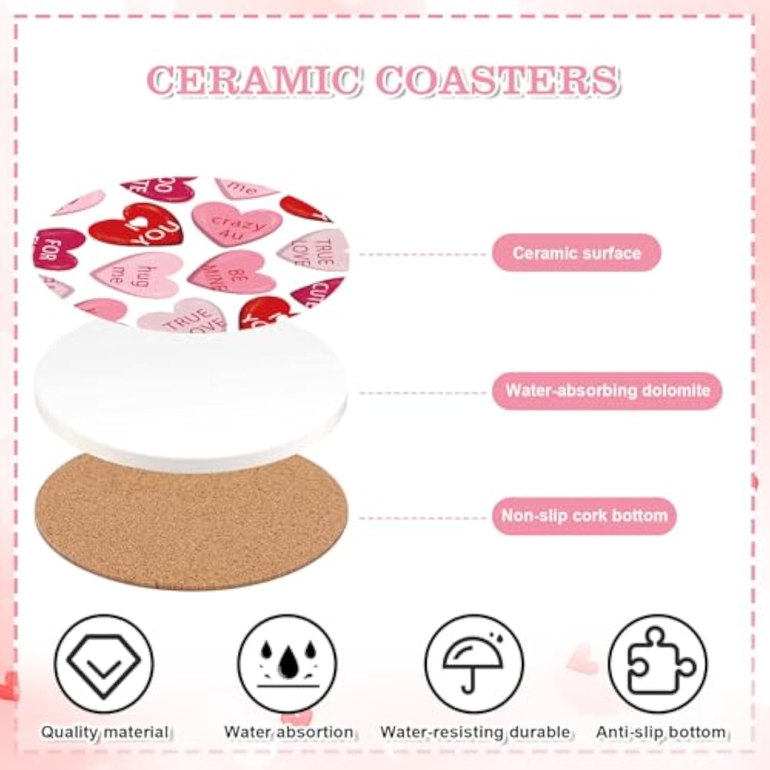 4Pcs Valentine'S Day Ceramic Coasters Red Pink Heart Drink Coasters Absorbent Cup Mat For Mug Cup Home Kitchen Party Table Decor