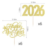 12pc Glitter Happy New Year 2026 Cupcake Toppers Gold Cake Picks