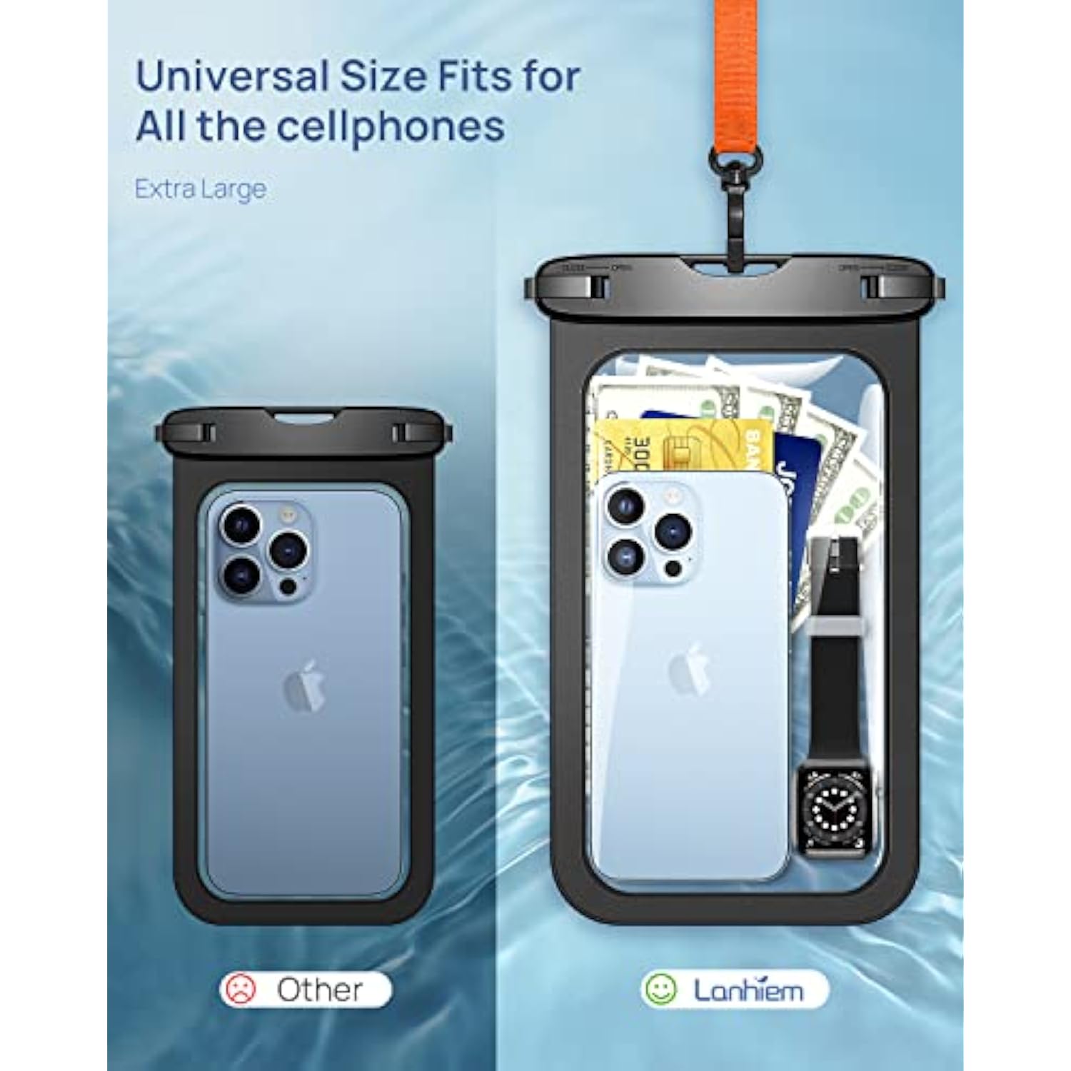 10.5" Large Waterproof Phone Pouch, 2 Pack Universal Ipx8 Waterproof Dry Bag With Lanyard For 16 15 14 Pro Max, Samsung Galaxy S25 S24 S23 Ultra, S24 Fe, Pixel 9A 8 Pro, Black+Black