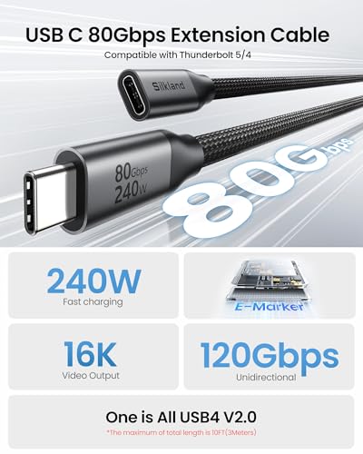 80Gbps USB 4 Extension Cable for Thunderbolt 5/4, [240W Charging, 8K 60Hz] USB C Extender 3.3ft, 4K@540Hz Type C Male to Female Adapter Compatible