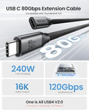 80Gbps USB 4 Extension Cable for Thunderbolt 5/4, [240W Charging, 8K 60Hz] USB C Extender 1.6ft, 4K@540Hz Type C Male to Female Adapter Compatible