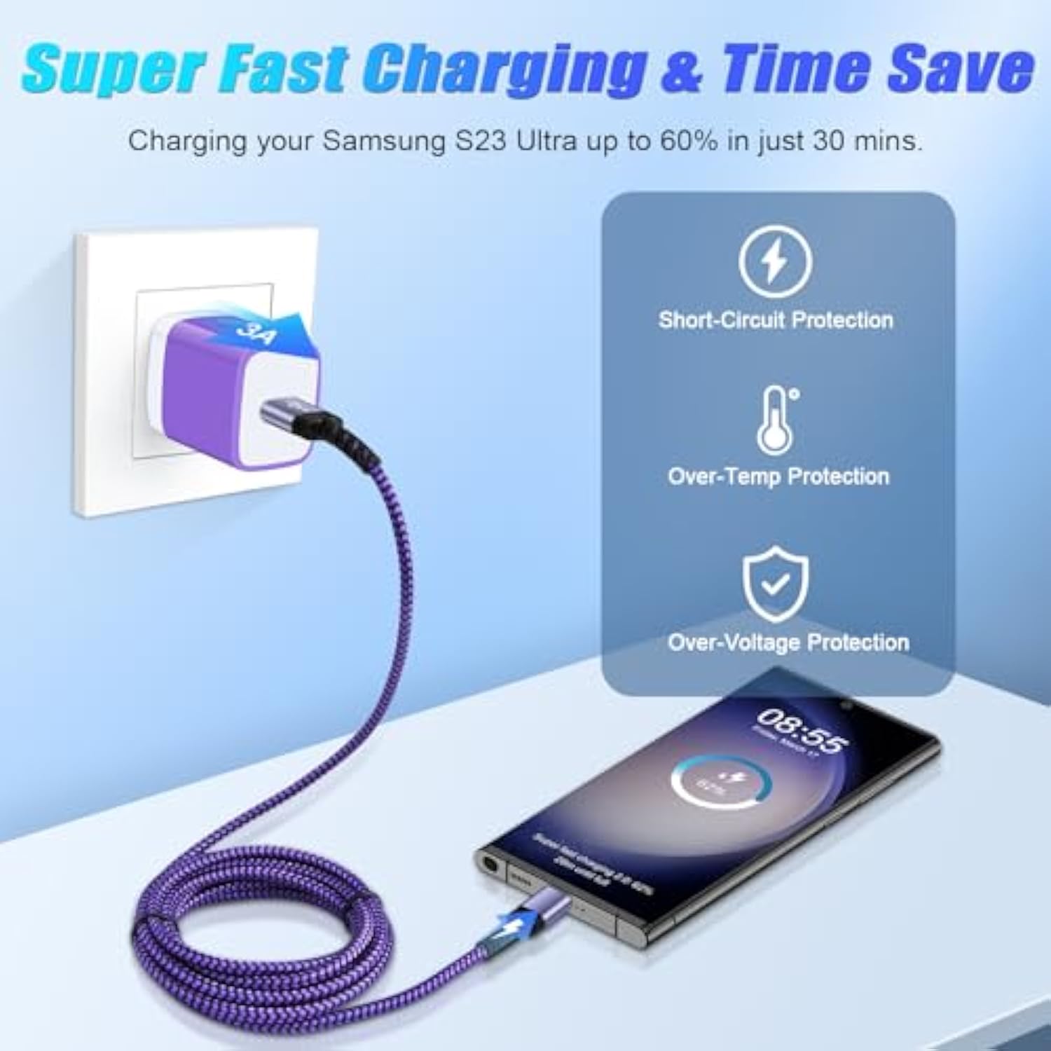 Type C Charger Cable Fast Charging, [10Ft,3Pack] Long Android Phone Charger Us