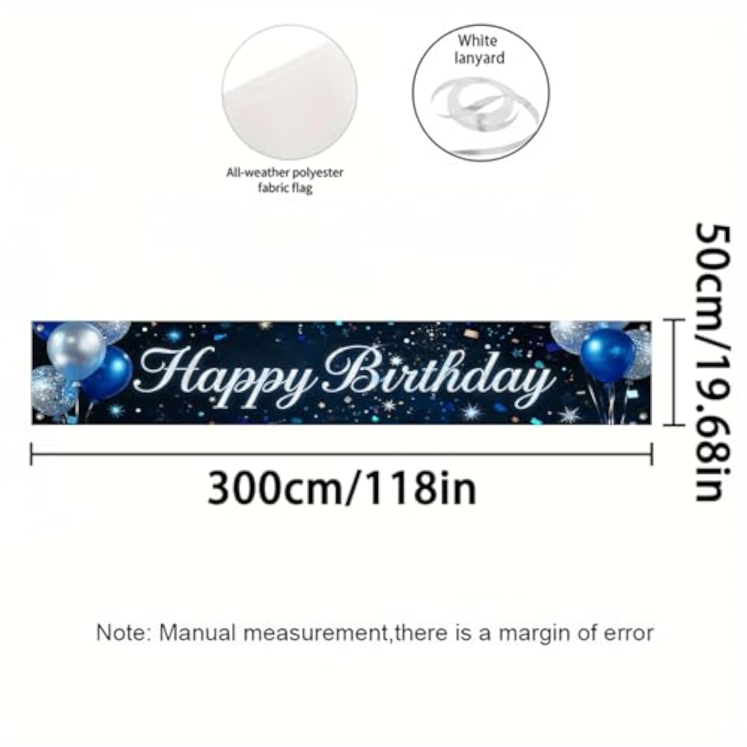 Happy Birthday Banner Sparkling Backdrop Blue Silver Balloons Confetti 118X20 Inches Elegant Party Decor Supplies For Birthday Celebrations Photo Backdrop Wall Hanging Decoration