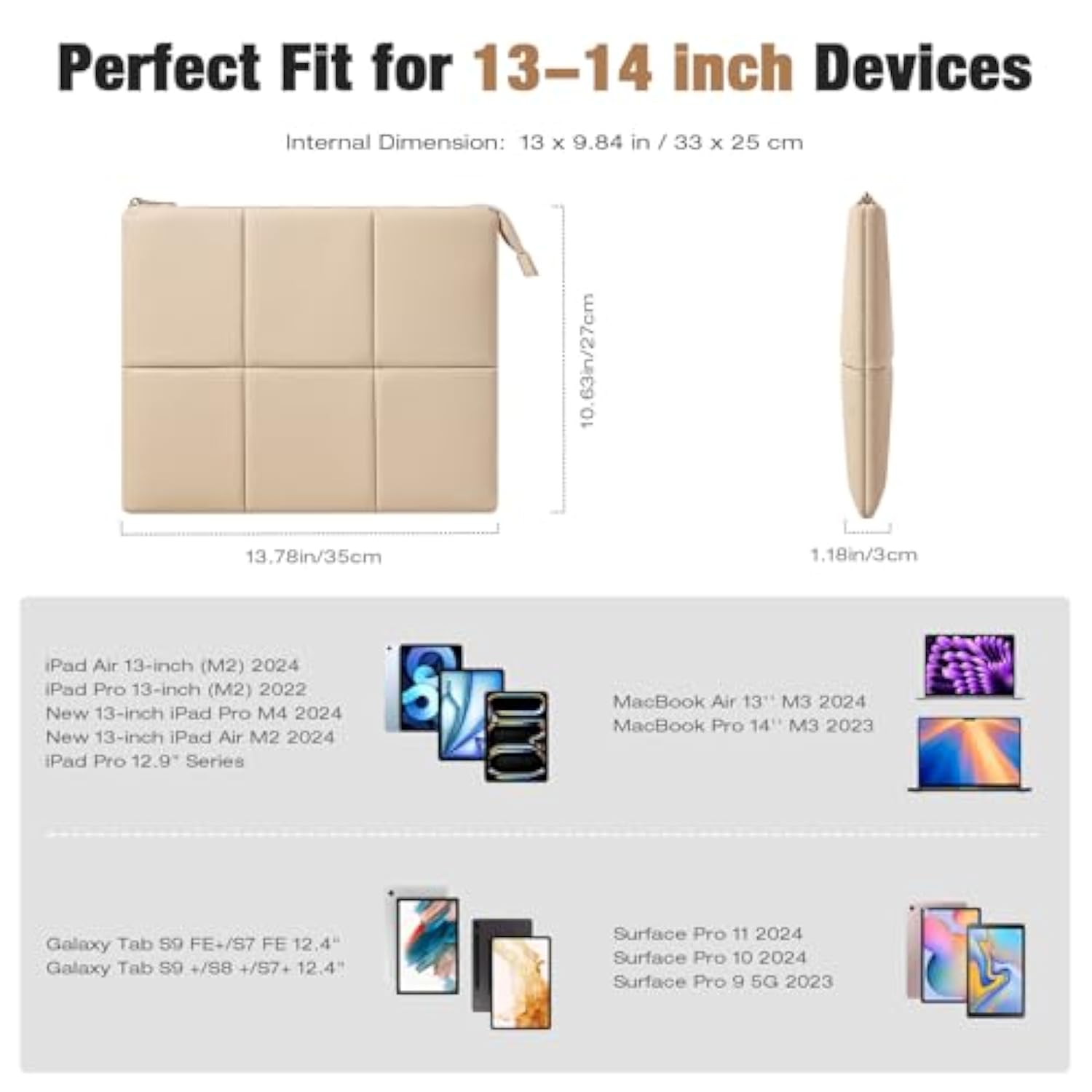 MoKo 13.3-14 Inch Puffy Laptop Sleeve Fit with MacBook Air 13'' M3 2024/2020/2019, MacBook Pro 14'' M3 2024/2023, MacBook Pro 13" M2/M1, Built-in Elastic Band, PU Leather Carrying Case, Sand