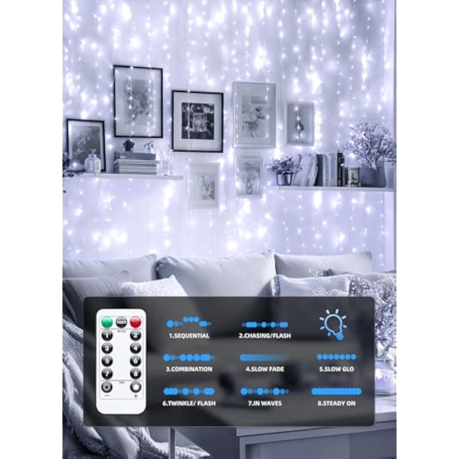 300 Led Fairy Curtain Lights, 9.8Ft X 9.8Ft White Curtain String Lights, Winter Wonderland Decorations, Usb Plug 8 Modes