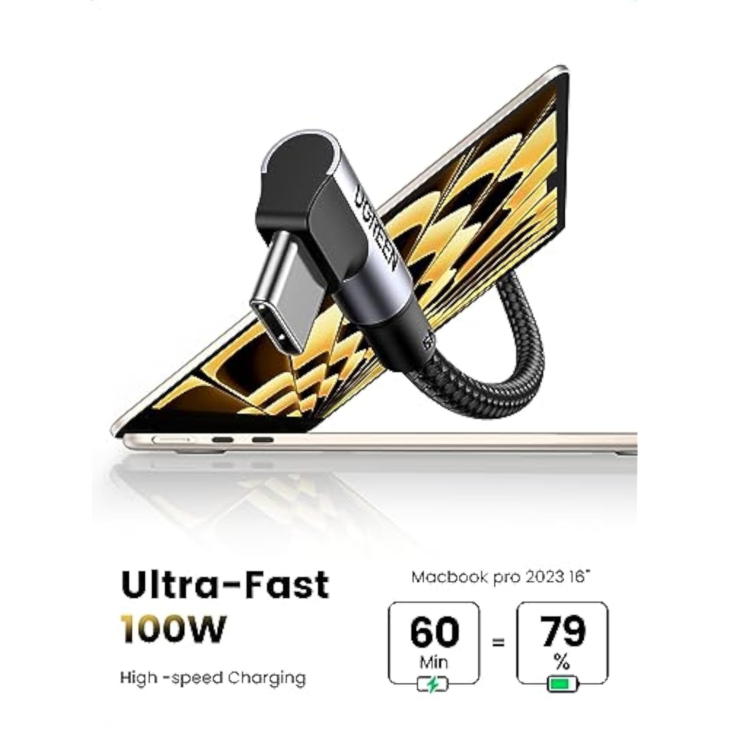UGREEN Right Angle USB C to USB C Cable, 100W Type C 90 Degree Fast Charging Cable Compatible with iPhone 17/17 Plus/17 Pro/16, MacBook Pro 2022, iPad Pro 2022, Dell XPS, Samsung Galaxy S25/S24, 6.6FT