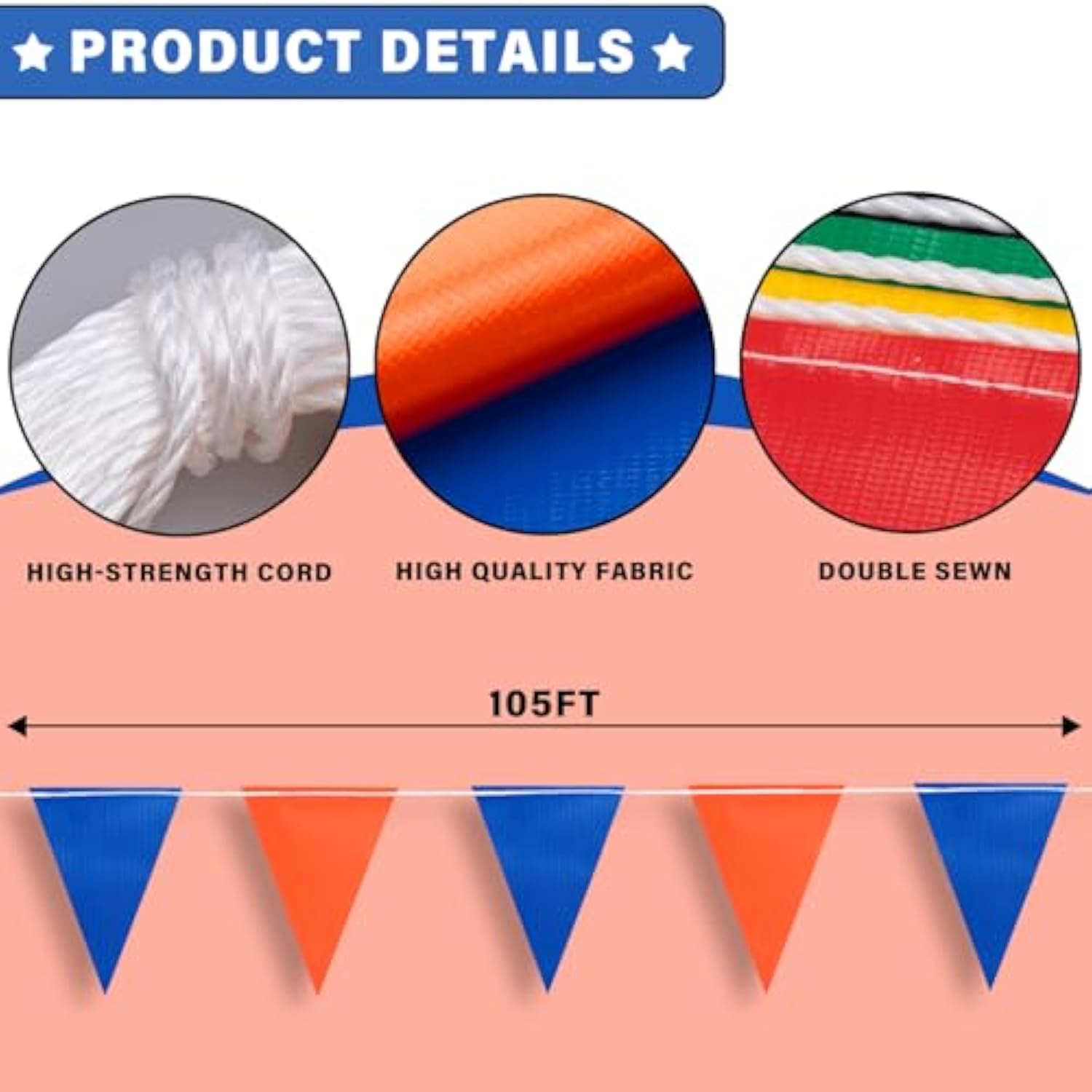 105ft Pennant Banner 45 Fluorescent Orange Blue Safety Flags 7x10 Inch Warning