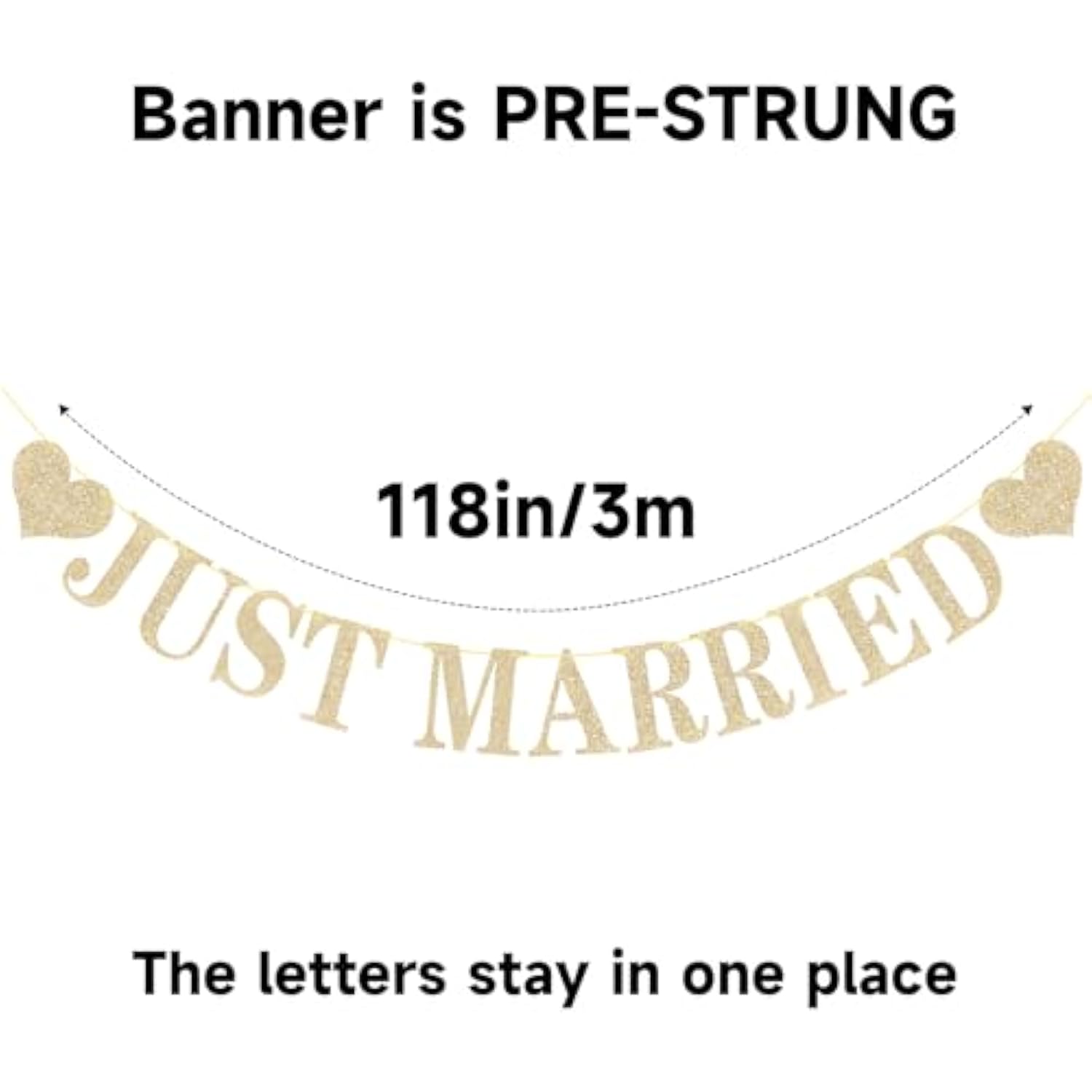 Pre-Strung Just Married Banner No Diy Just Married Sign Gold Glitter Wedding Banner For Just Married Wedding Reception Ceremony Party And Car Decorations