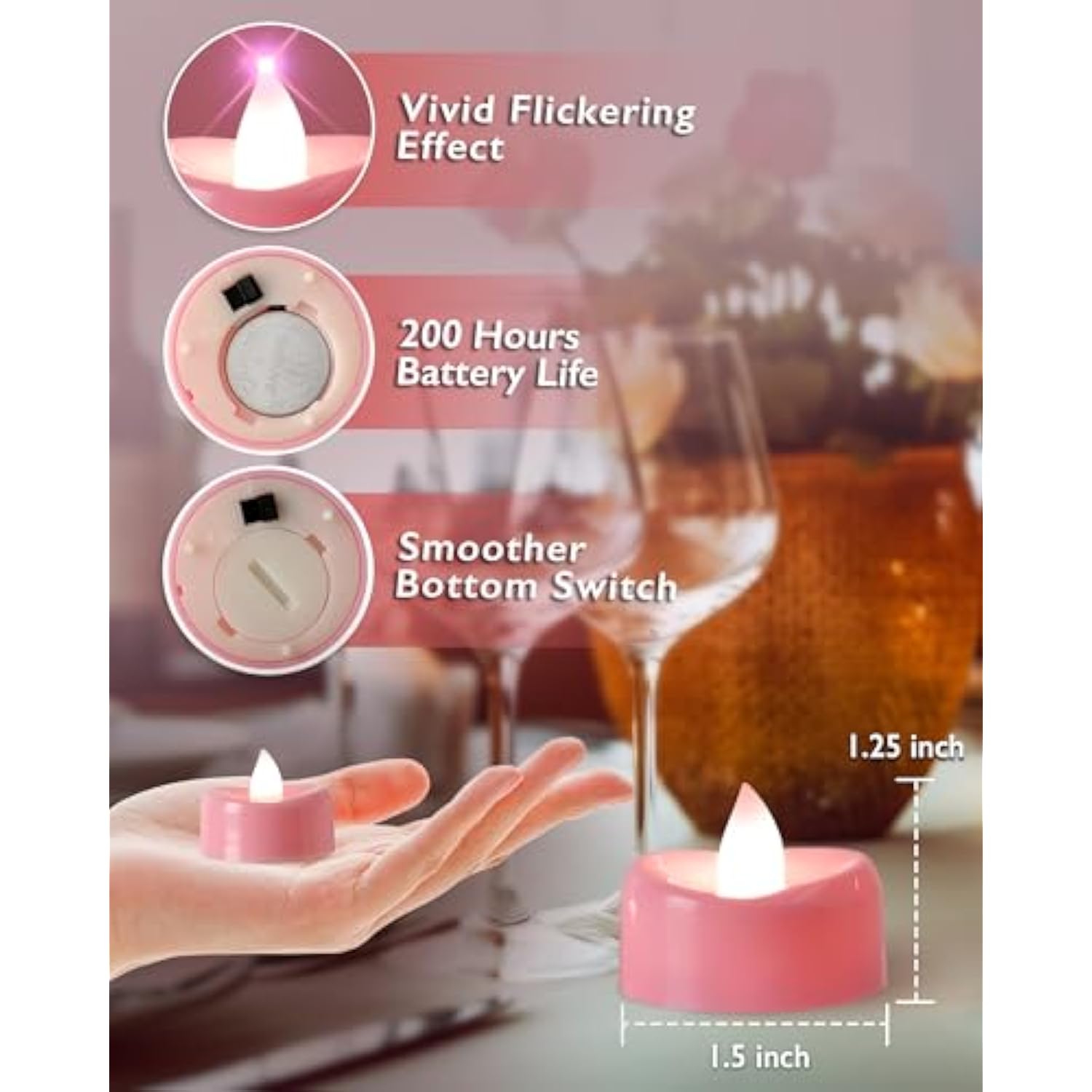 Pink Led Tea Lights Battery Operated, 200+Hour Flickering Votive Candles,Realistic Fake Flameless Tea Lights For Wedding Party Halloween Thanksgiving Christmas Decorations, 24 Pack