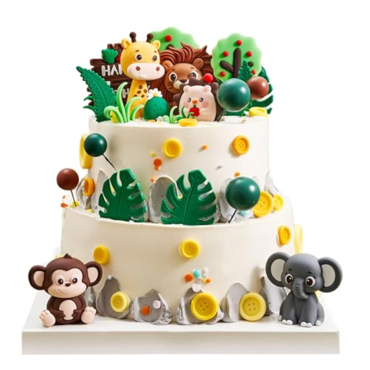 25Pcs Jungle Safari Cake Toppers Set - 3D Zoo Animals Cake Toppers With Trees & Leaves, Wild One Birthday Decor For Jungle Theme Parties Supplies, Safari Cake Decorations