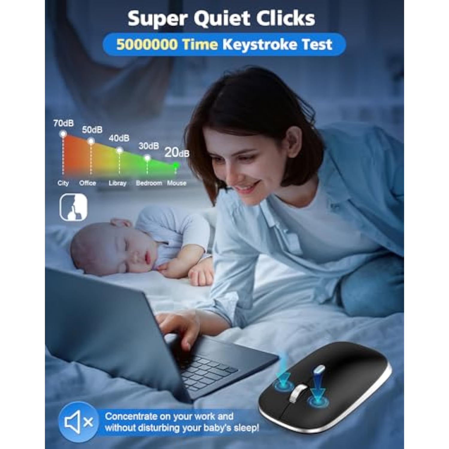 Bluetooth Mouse, Slim Silent Bluetooth 5.0 & 4.0 Wireless Mouse, 3 Adjustable Dpi Portable Optical Computer Mice For Laptop, Pc, Notebook, Computer, Macbook - (Black)