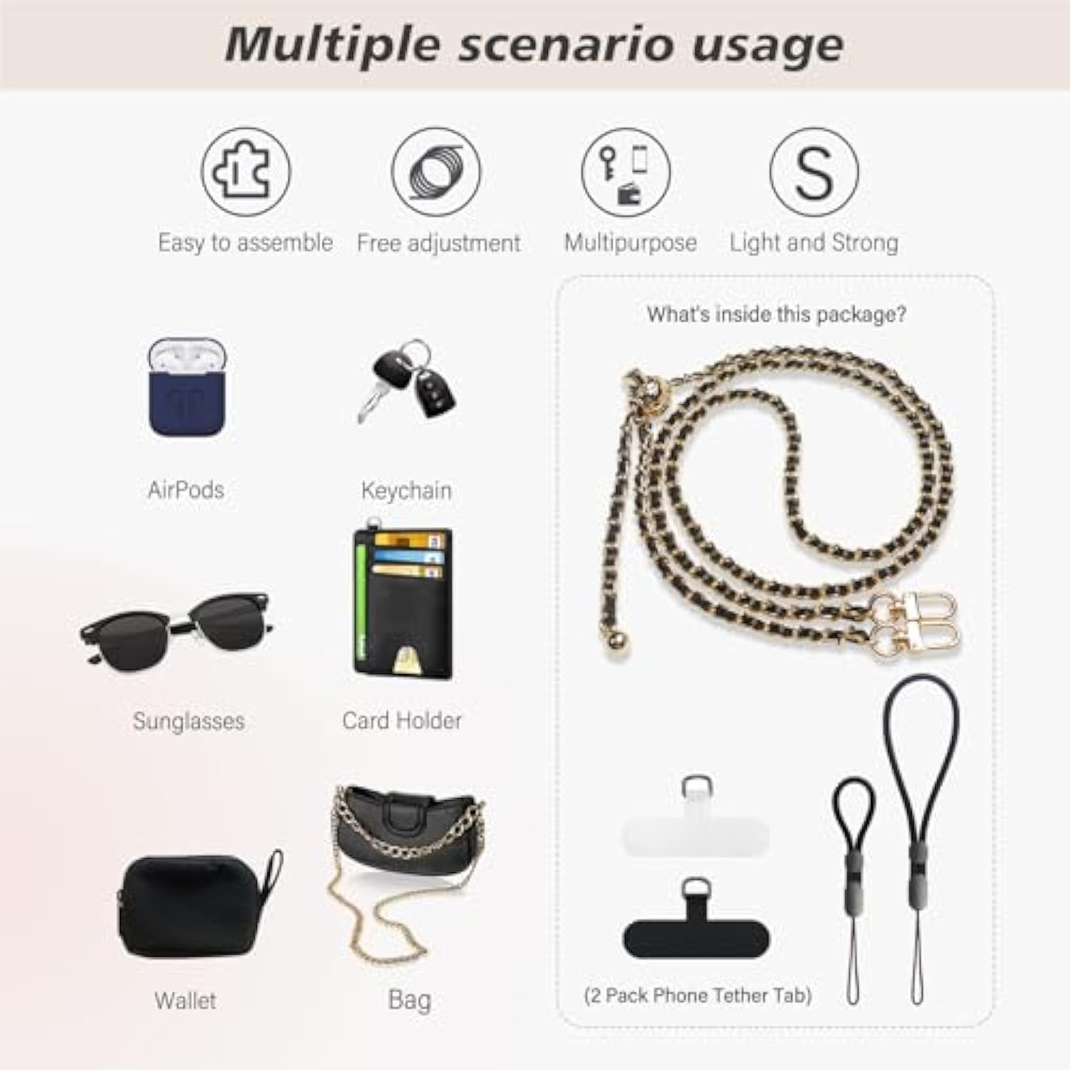 Phone Crossbody Strap, Cell Phone Lanyard For Women, 1× Leather Phone Strap, 1× Leather Phone Wrist Strap, 2× Pads, Phone Charm Compatible With Most Smartphones, Women'S Bag(Adjustable Black)