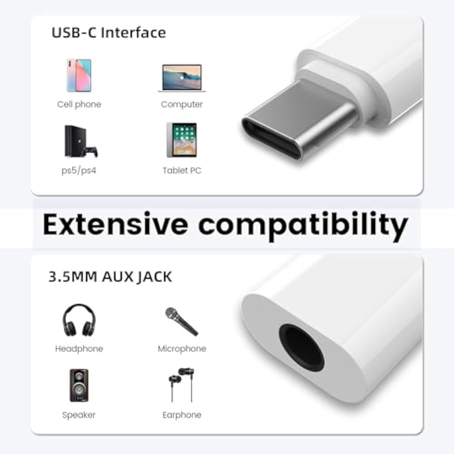 Usb C To 3.5Mm Audio Adapter, Usb Type C To 3.5Mm Female Headphone Jack Dongle Aux Adapter Dac Stereo Hifi Compatible With Samsung Galaxy S24 Ultra/ S23+, Ipad Pro, Pixel, Iphone 16/15/14 - White