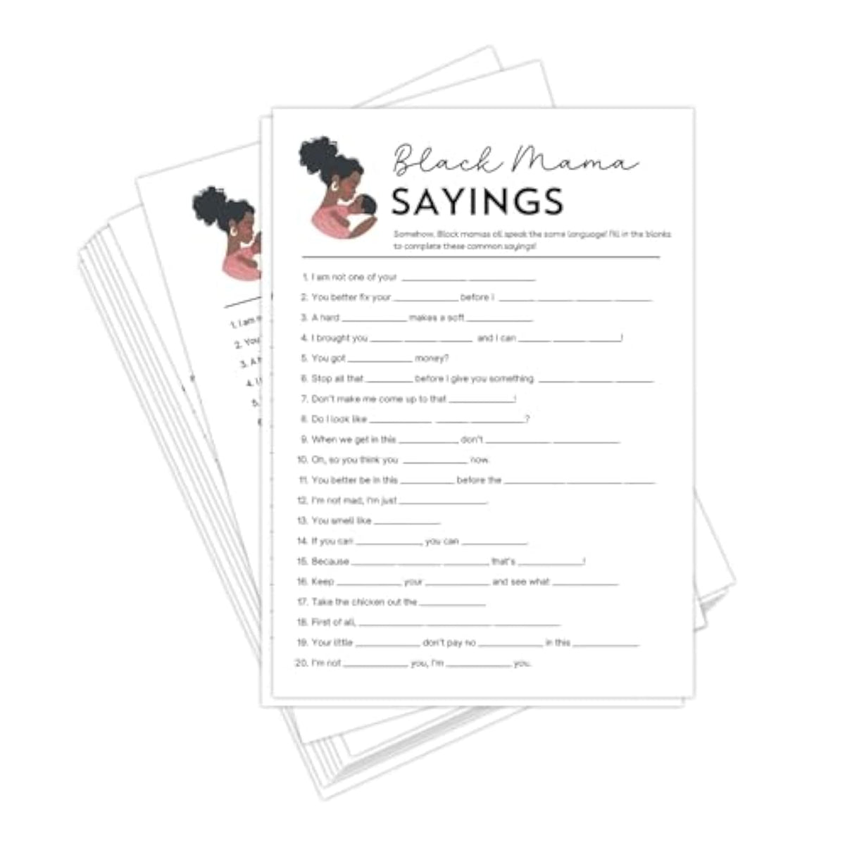 Black Mama Sayings Baby Shower Game Cards With Answer Key, 50 Pack, Fun Party Activity Sheets, 5X7 Inch